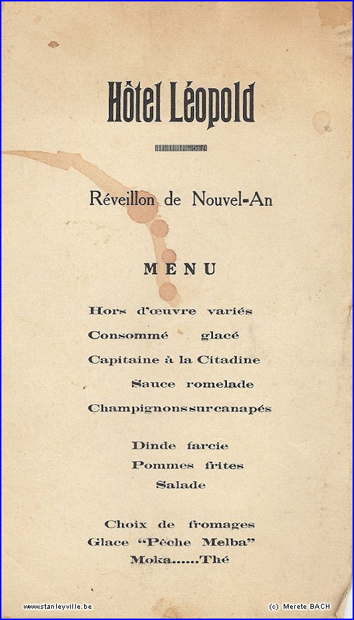 Menu de l'hôtel Léopold à Stanleyville