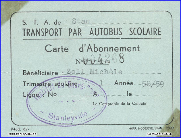 Carte d'abonnement scolaire Stanleyville