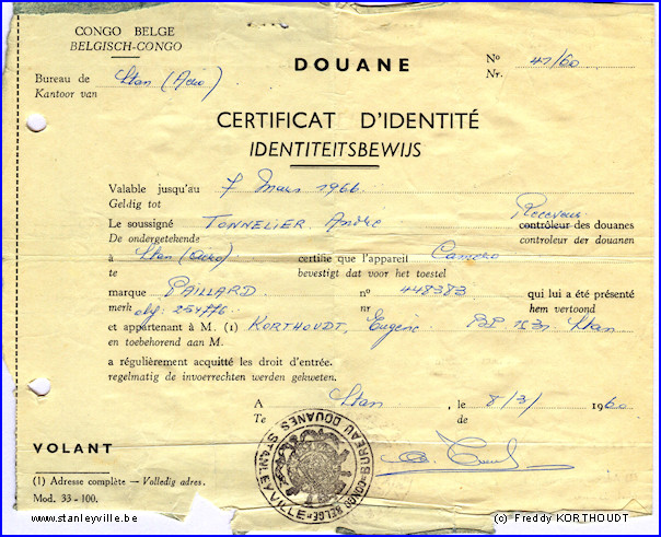 Certificat douane Stanleyville