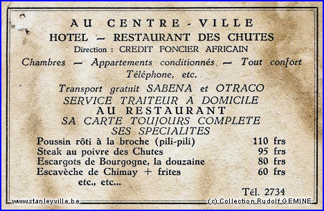 Publicité Hôtel des Chutes à Stanleyville